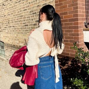 Knitted open back tie sweater